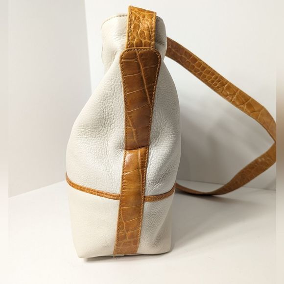 Vintage Cream Leather Shoulder Crossbody Bag Croc Print Trim Susan Gail - Picture 3 of 14